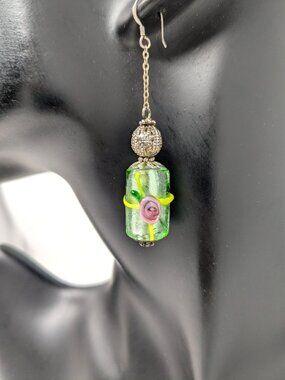 Lampwork Art Glass Dangle Earrings Green Bead Pink Floral 926 Sterling Hook